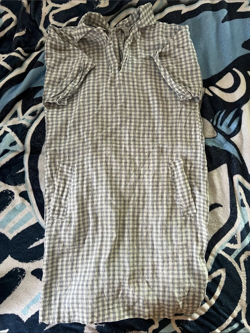 Jigsaw 100% Linen Gingham Midi Dress Blue White Relaxed Fit Pockets US 6